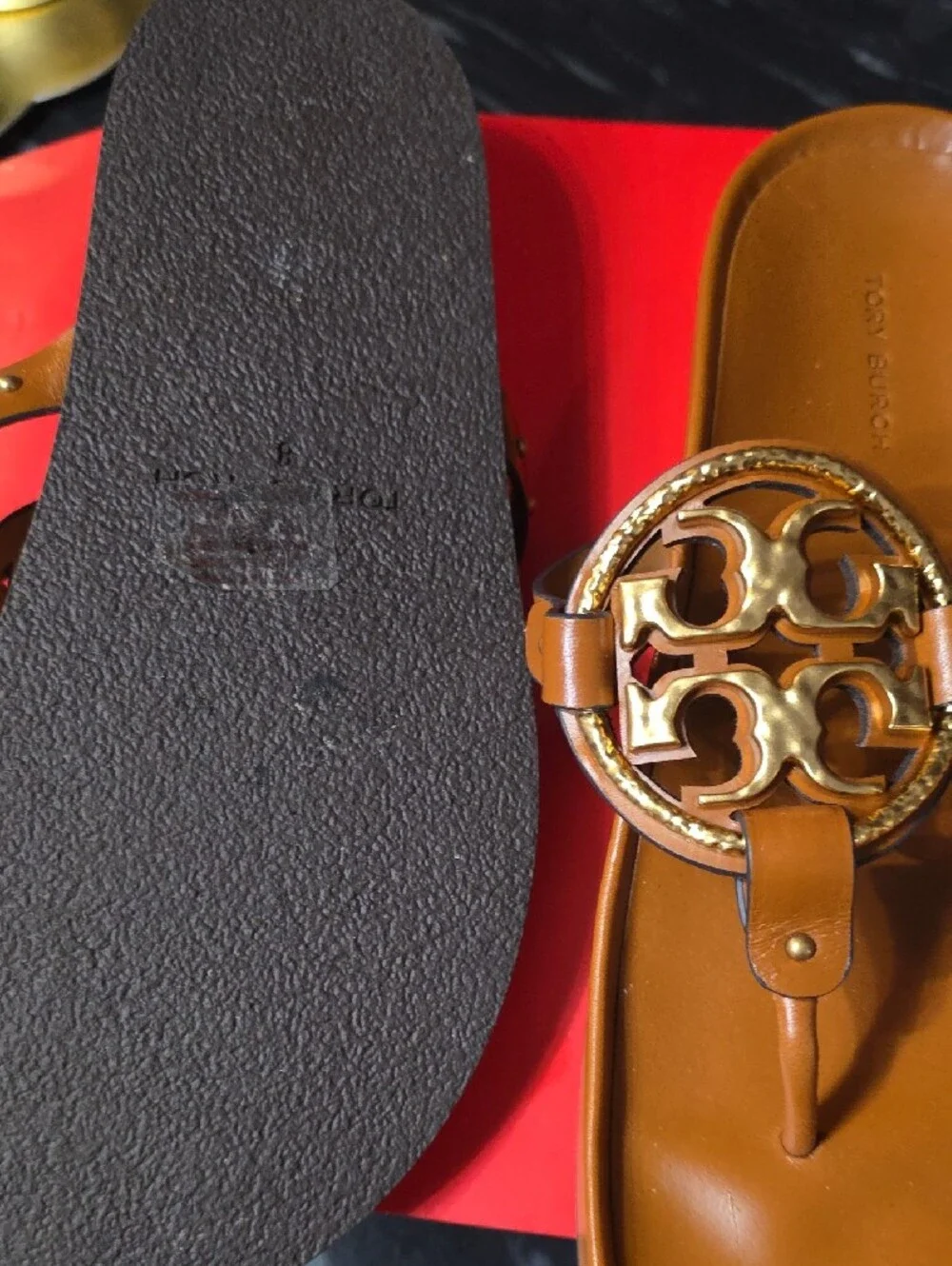 Tory Burch Tan Leather Logo Thong Sandals with Gold Emblem